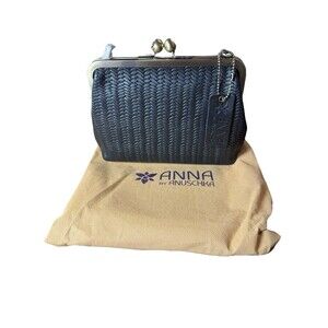 ANUSCHKA Black Woven Genuine Leather Handbag Kiss Lock Clutch Shoulder Bag Purse